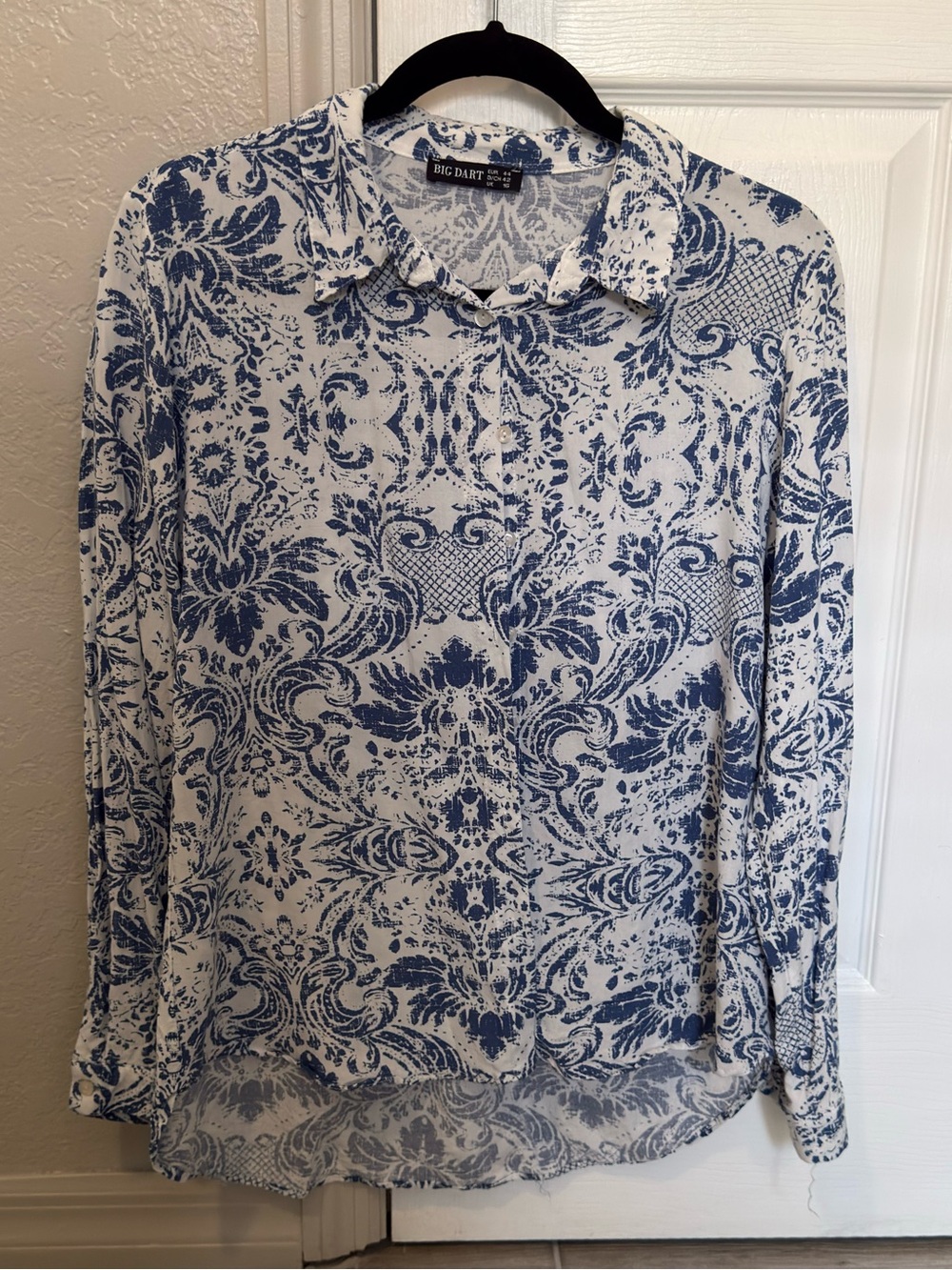 Big Dart White Button-Down Shirt with Blue Floral Print